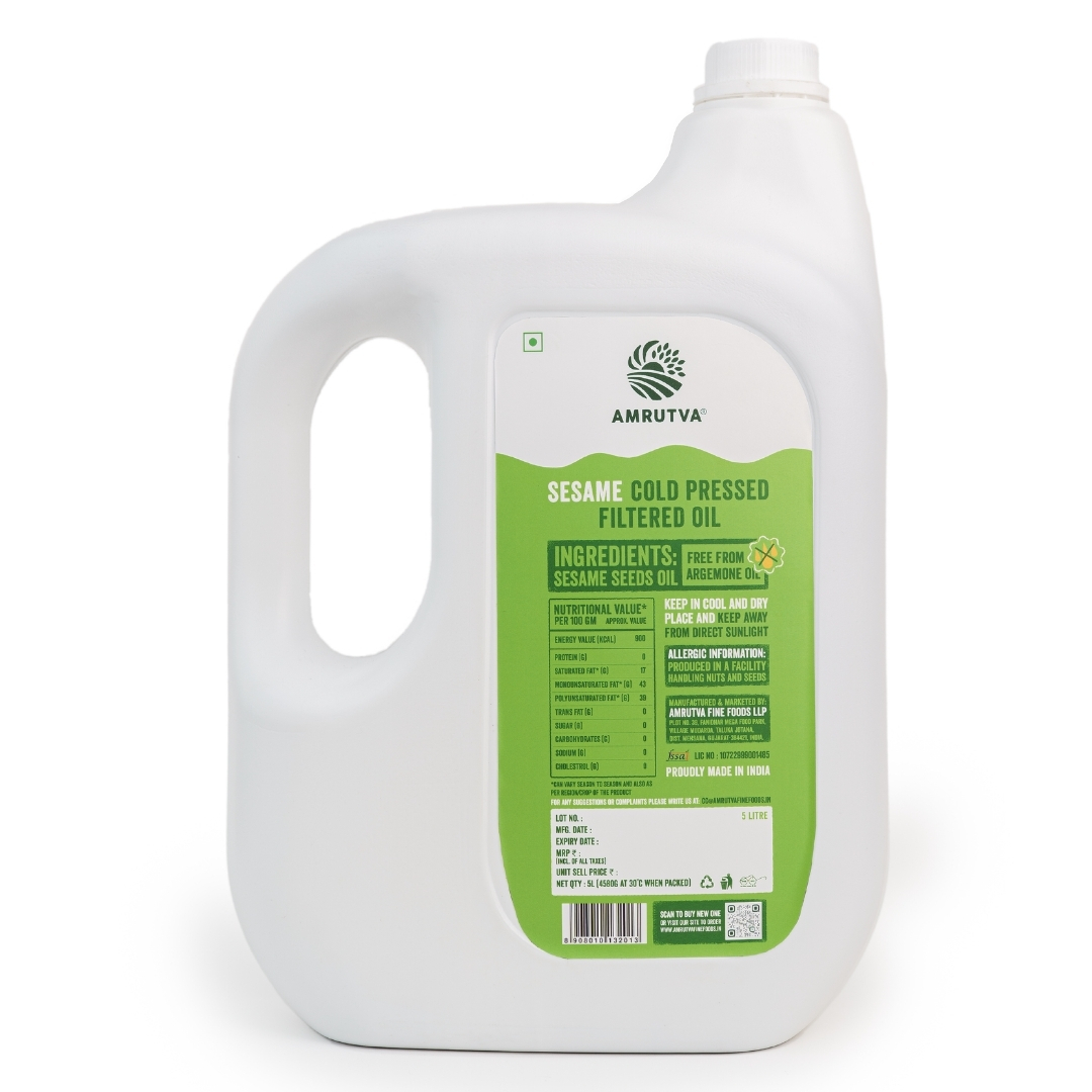 bottle of 5 liter sesame oil cold pressed filtered oil by amrutva fine foods llp