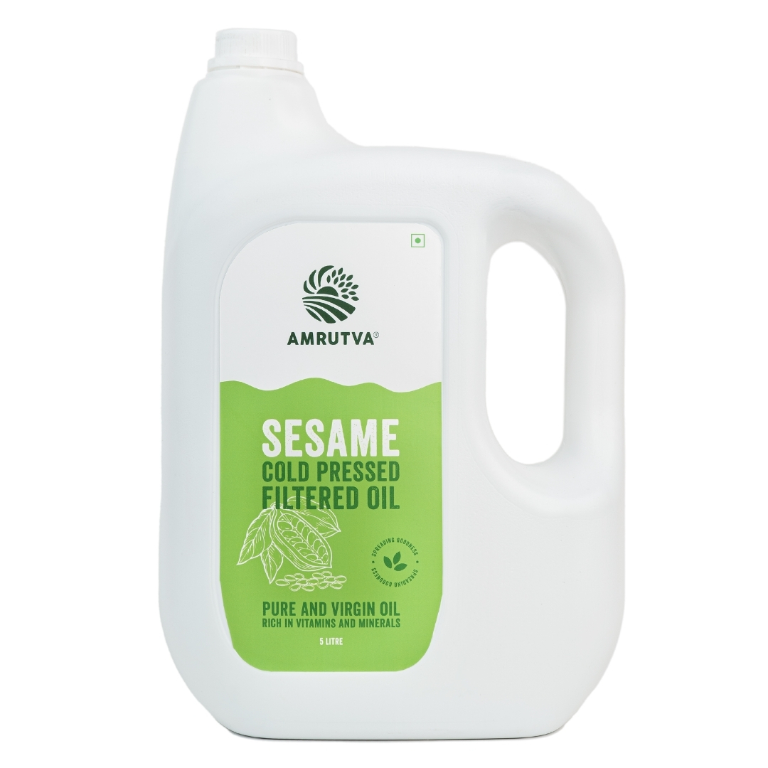 bottle of 5 liter sesame oil cold pressed filtered oil setup by amrutva fine foods llp
