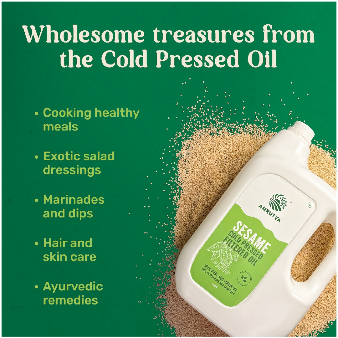 Amrutva Cold Pressed Sesame Oil - 100% pure and natural; extracted using traditional methods. Rich in nutrients and antioxidants; this organic cold pressed sesame oil is perfect for cooking and overall wellness.