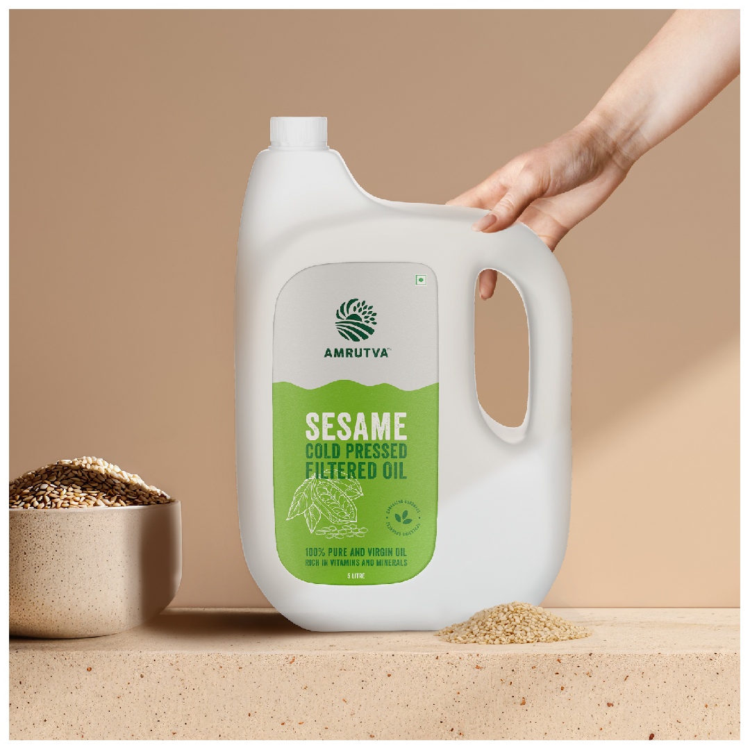 Amrutva Cold Pressed Sesame Oil - 100% pure and natural; extracted using traditional methods. Rich in nutrients and antioxidants; this organic cold pressed sesame oil is perfect for cooking and overall wellness.