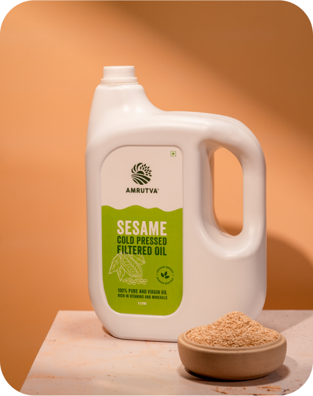 Amrutva Cold Pressed Sesame Oil - 100% pure and natural; extracted using traditional methods. Rich in nutrients and antioxidants; this organic cold pressed sesame oil is perfect for cooking and overall wellness.