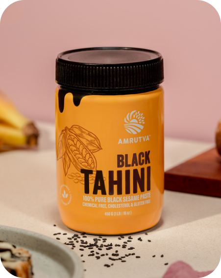 Amrutva Black Tahini made from roasted black sesame seeds. Perfect for dips; spreads; and more. Boost heart health with this excellent source of fiber.