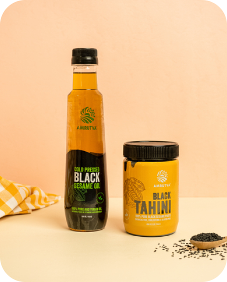 Amrutva Cold Pressed Black Sesame Oil and Black Tahini Combo. Perfect for cooking and adding a rich; nutty flavor to your dishes. This organic cold pressed sesame oil is a healthy and delicious choice.