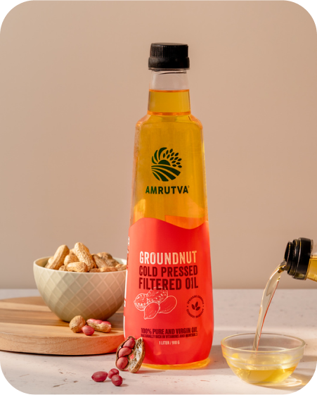 Amrutva Cold Pressed Groundnut Oil made with premium Indian peanuts using traditional wooden kolhus/chekku. This groundnut oil is 100% natural; pure; and perfect for cooking.