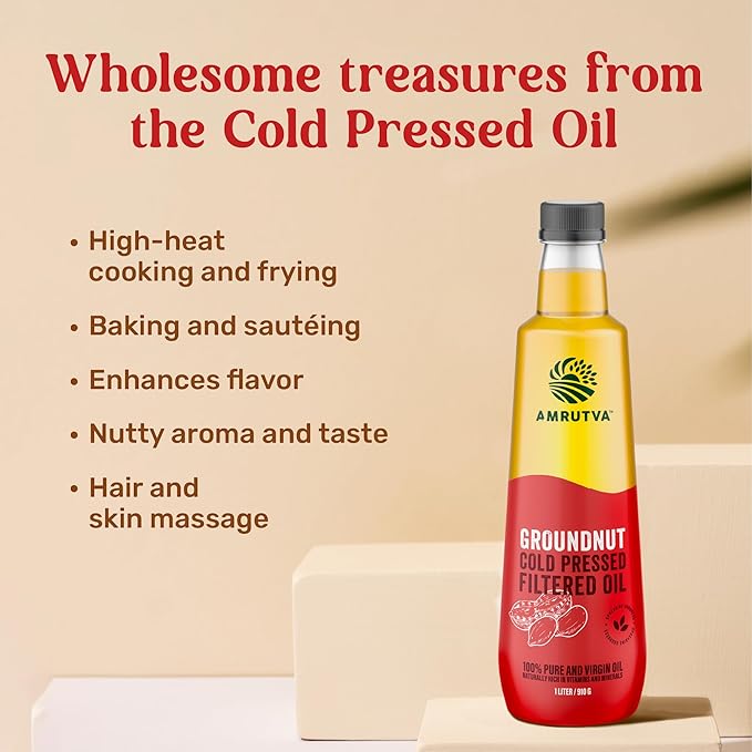Amrutva Cold Pressed Groundnut Oil made with premium Indian peanuts using traditional wooden kolhus/chekku. This groundnut oil is 100% natural; pure; and perfect for cooking.