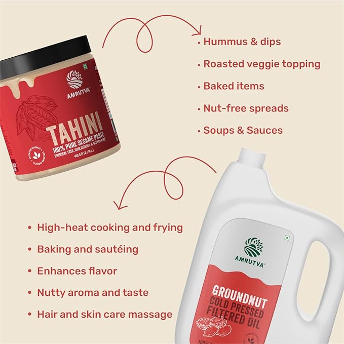 Amrutva Cold Pressed Groundnut Oil and Tahini Combo - 5 Litre Oil. Perfect for healthy cooking and adding flavor to your dishes.