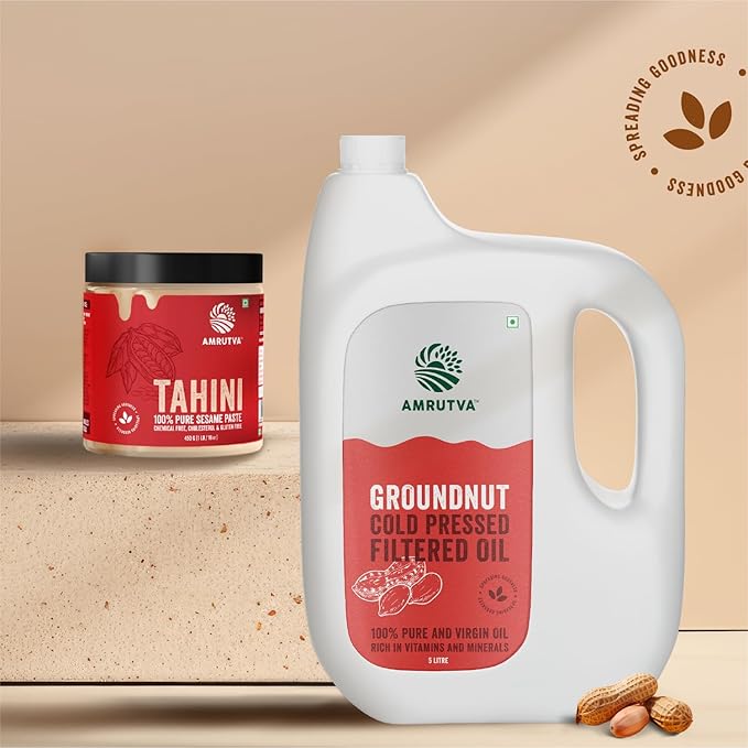 Amrutva Cold Pressed Groundnut Oil and Tahini Combo - 5 Litre Oil. Perfect for healthy cooking and adding flavor to your dishes.