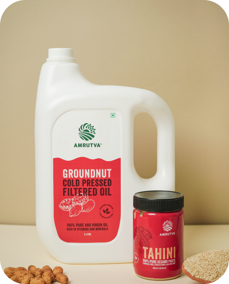 Amrutva Cold Pressed Groundnut Oil and Tahini Combo - 5 Litre Oil. Perfect for healthy cooking and adding flavor to your dishes.