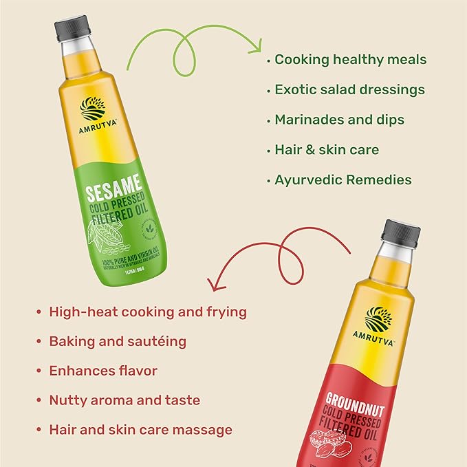 Amrutva Cold Pressed Groundnut and Sesame Oil Combo. This image shows two bottles of cold pressed oil; one groundnut and one sesame; alongside raw ingredients.
