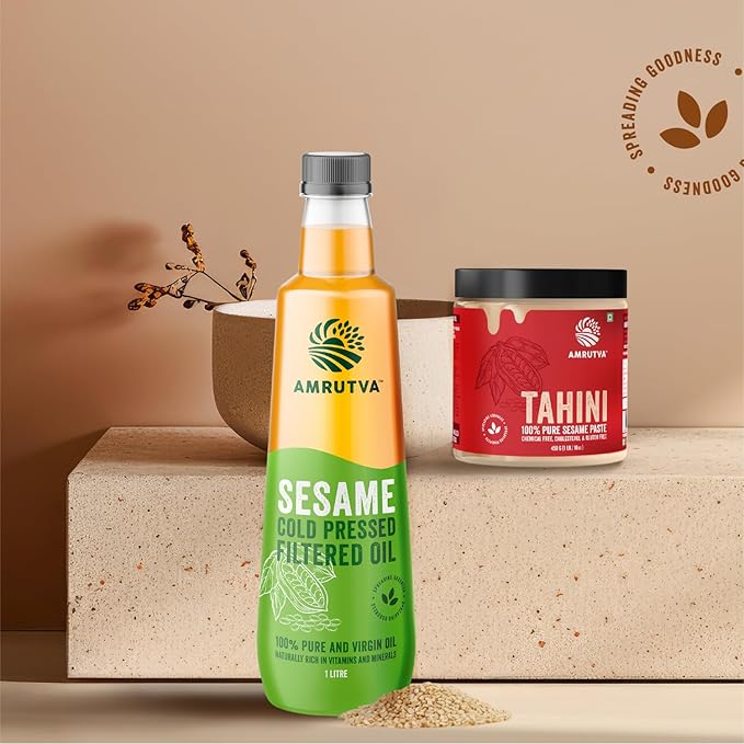 Amrutva Cold Pressed Sesame Oil and White Tahini Combo. Perfect for cooking; dips; and more.