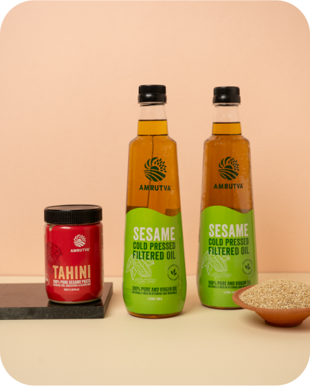 Amrutva Cold Pressed Sesame Oil and White Tahini Combo. Perfect for cooking; dips; and more.