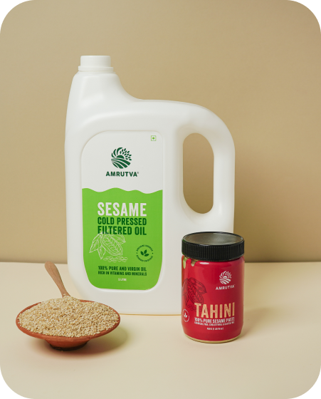 Amrutva cold pressed sesame oil and white tahini combo. Pure; healthy; and versatile for cooking and more. #coldpressedsesameoil #whitetahini