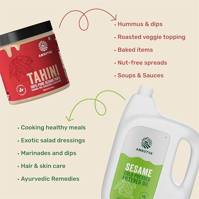 Amrutva cold pressed sesame oil and white tahini combo. Pure; healthy; and versatile for cooking and more. #coldpressedsesameoil #whitetahini