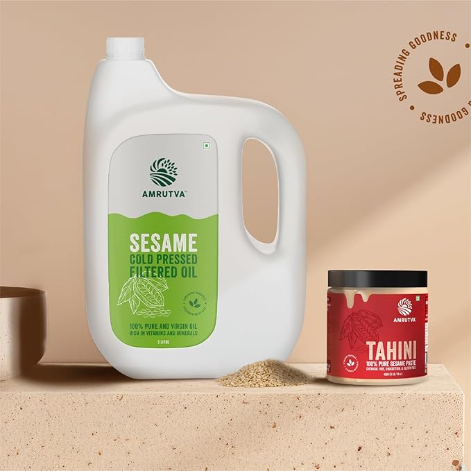 Amrutva cold pressed sesame oil and white tahini combo. Pure; healthy; and versatile for cooking and more. #coldpressedsesameoil #whitetahini