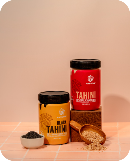 Amrutva Tahini Combo: White and black tahini paste made from stone-ground sesame seeds.