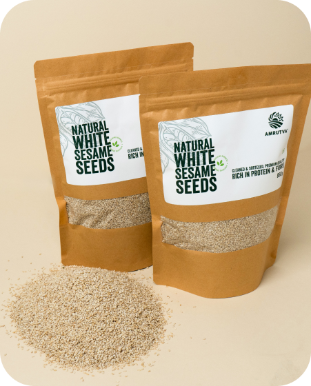 Amrutva premium white sesame seeds in a kraft bag; showcasing their natural quality. Ideal for adding a nutritious boost to meals or for making cold pressed sesame oil.