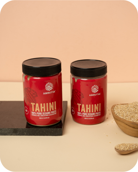 Creamy Amrutva White Tahini made with premium quality sesame seeds. This white tahini is perfect for hummus; dips; and more. 100% natural; pure; and stone-ground for a smooth; nutty flavor.