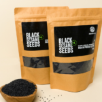 Premium quality natural black sesame seeds in a bowl and package.