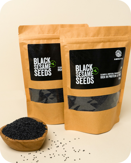 Premium quality natural black sesame seeds in a bowl and package.