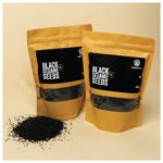 Premium quality natural black sesame seeds in a bowl and package.