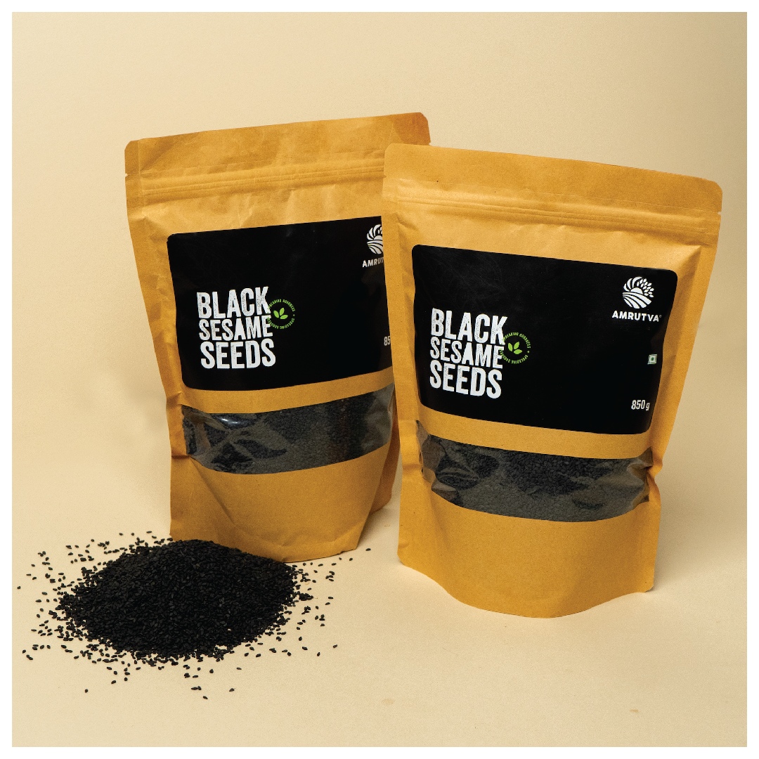 Premium quality natural black sesame seeds in a bowl and package.