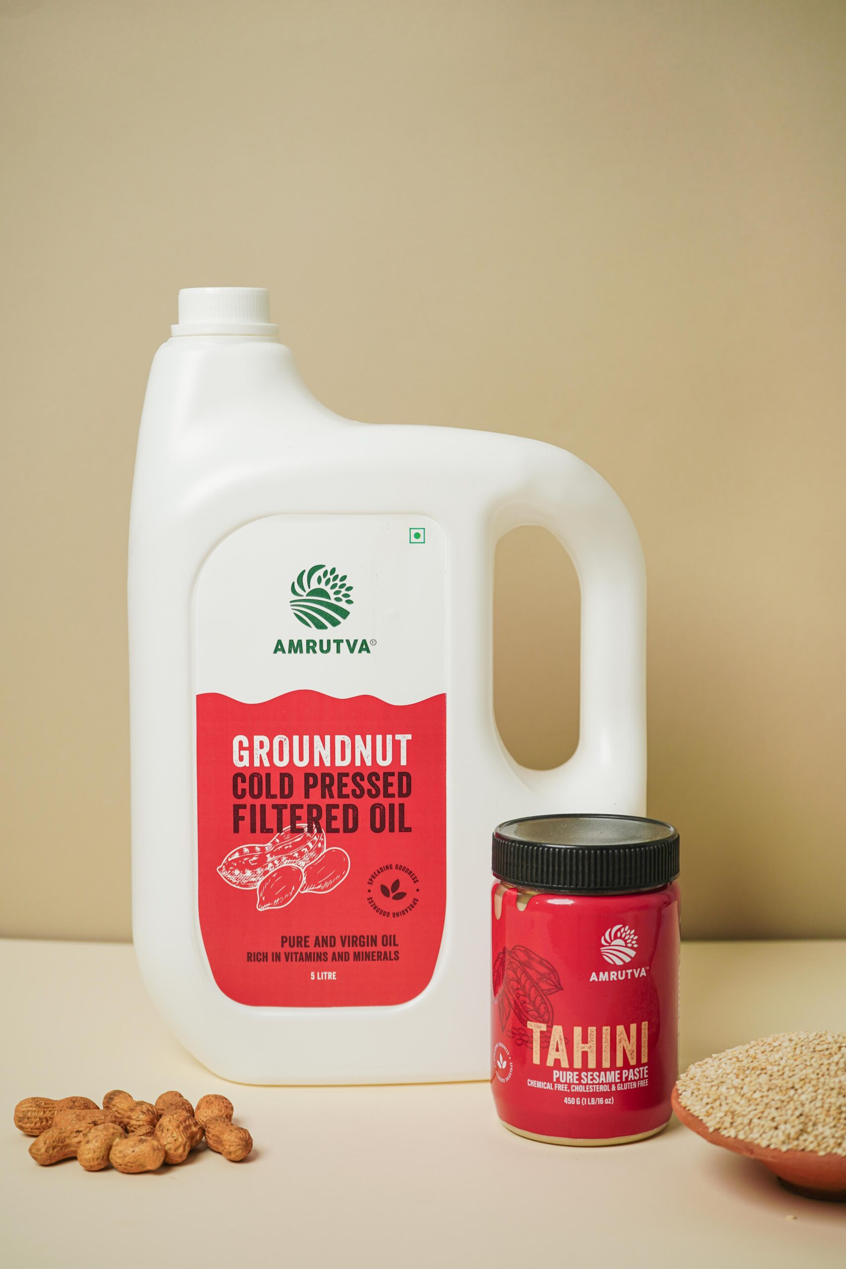 Amrutva Cold Pressed Groundnut Oil and Tahini Combo - 5 Litre Oil. Perfect for healthy cooking and adding flavor to your dishes.