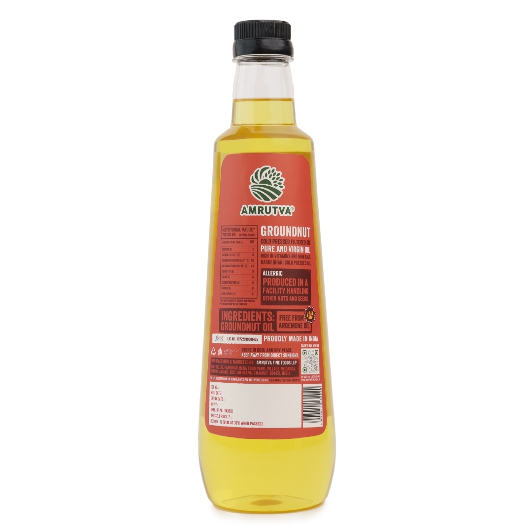 Amrutva Cold Pressed Groundnut Oil made with premium Indian peanuts using traditional wooden kolhus/chekku. This groundnut oil is 100% natural; pure; and perfect for cooking