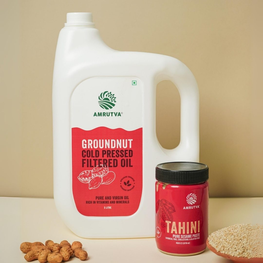 Amrutva Cold Pressed Groundnut Oil and Tahini Combo - 5 Litre Oil. Perfect for healthy cooking and adding flavor to your dishes.