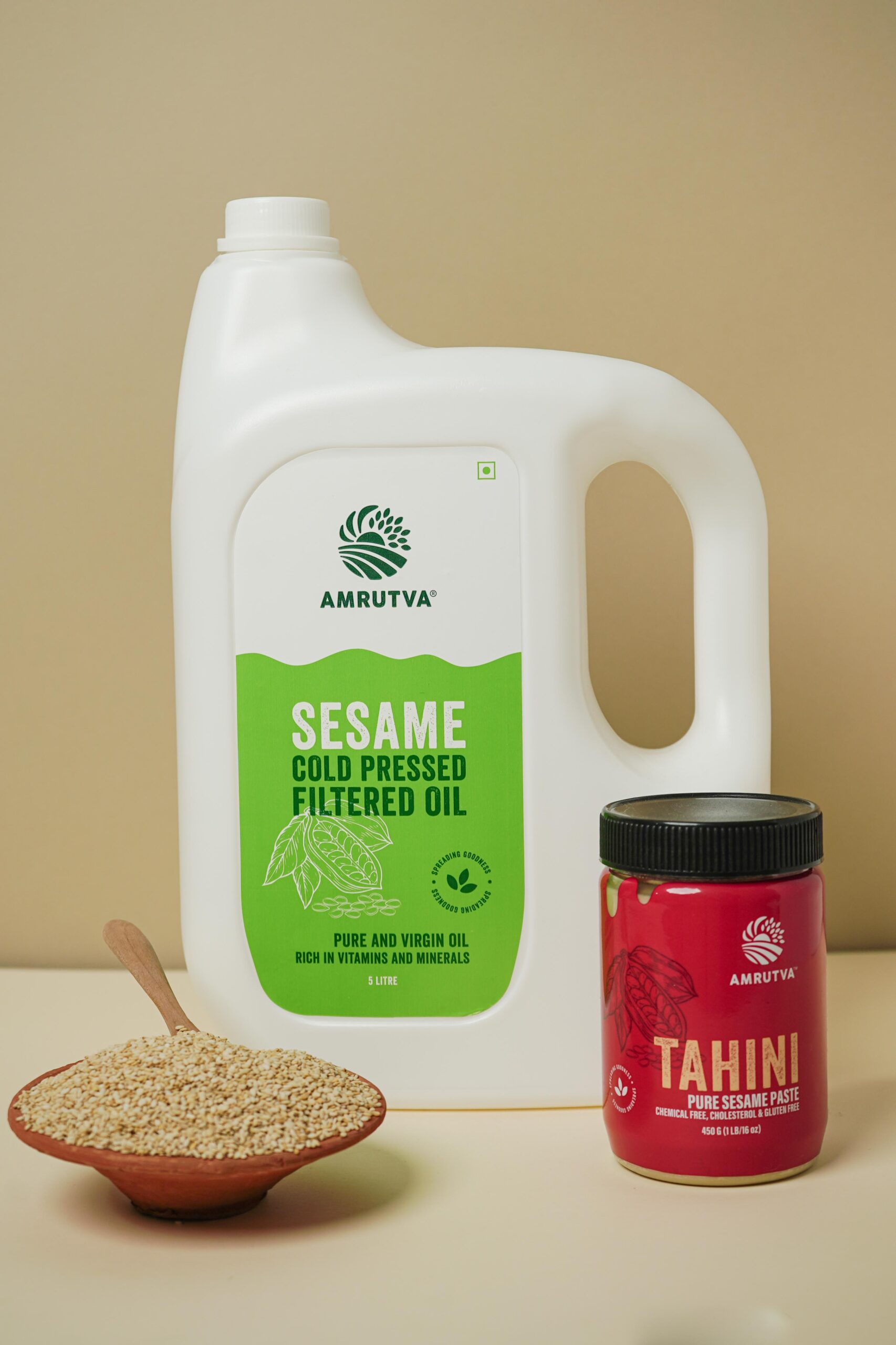 Amrutva cold pressed sesame oil and white tahini combo. Pure; healthy; and versatile for cooking and more. cold pressed sesame oil white tahini
