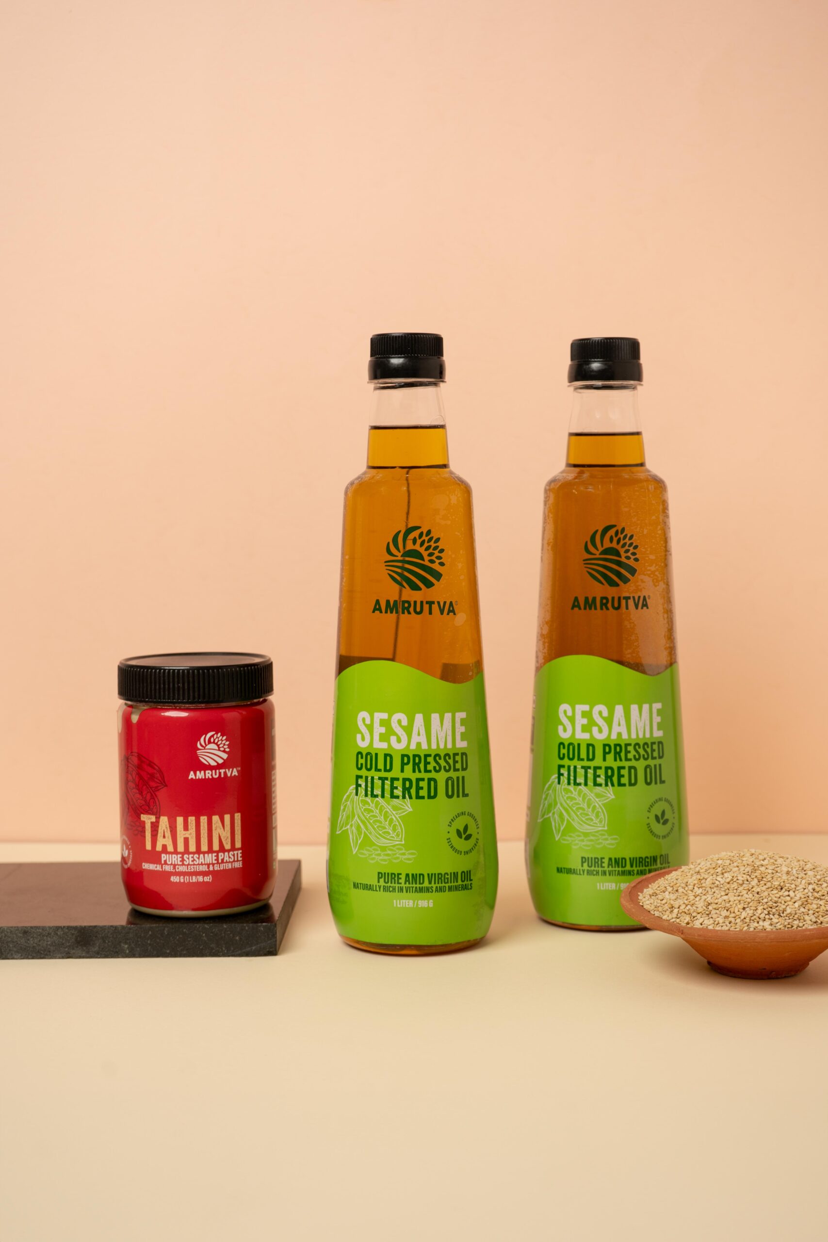 Amrutva Cold Pressed Sesame Oil and White Tahini Combo. Perfect for cooking; dips; and more.