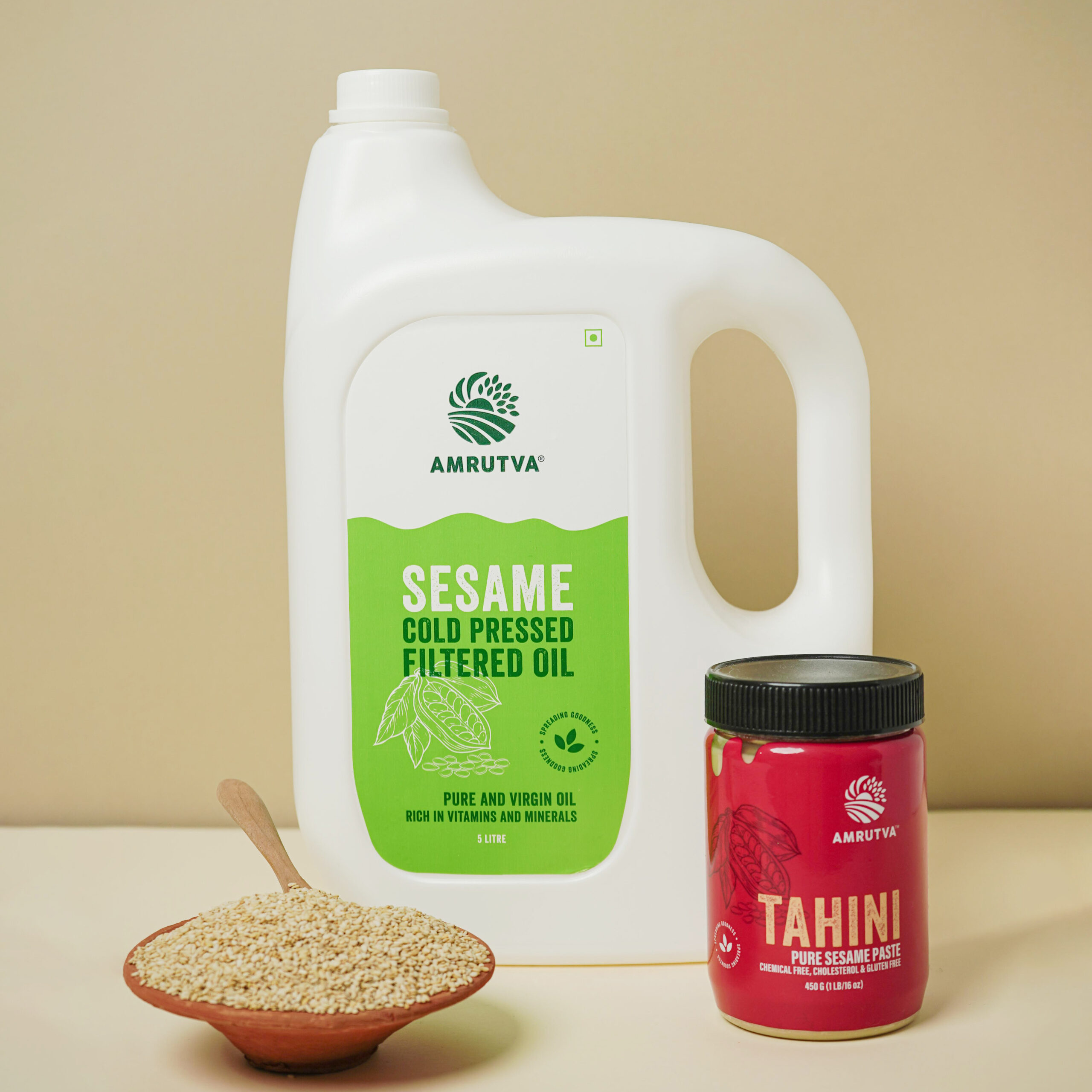 Amrutva cold pressed sesame oil and white tahini combo. Pure; healthy; and versatile for cooking and more. cold pressed sesame oil white tahini