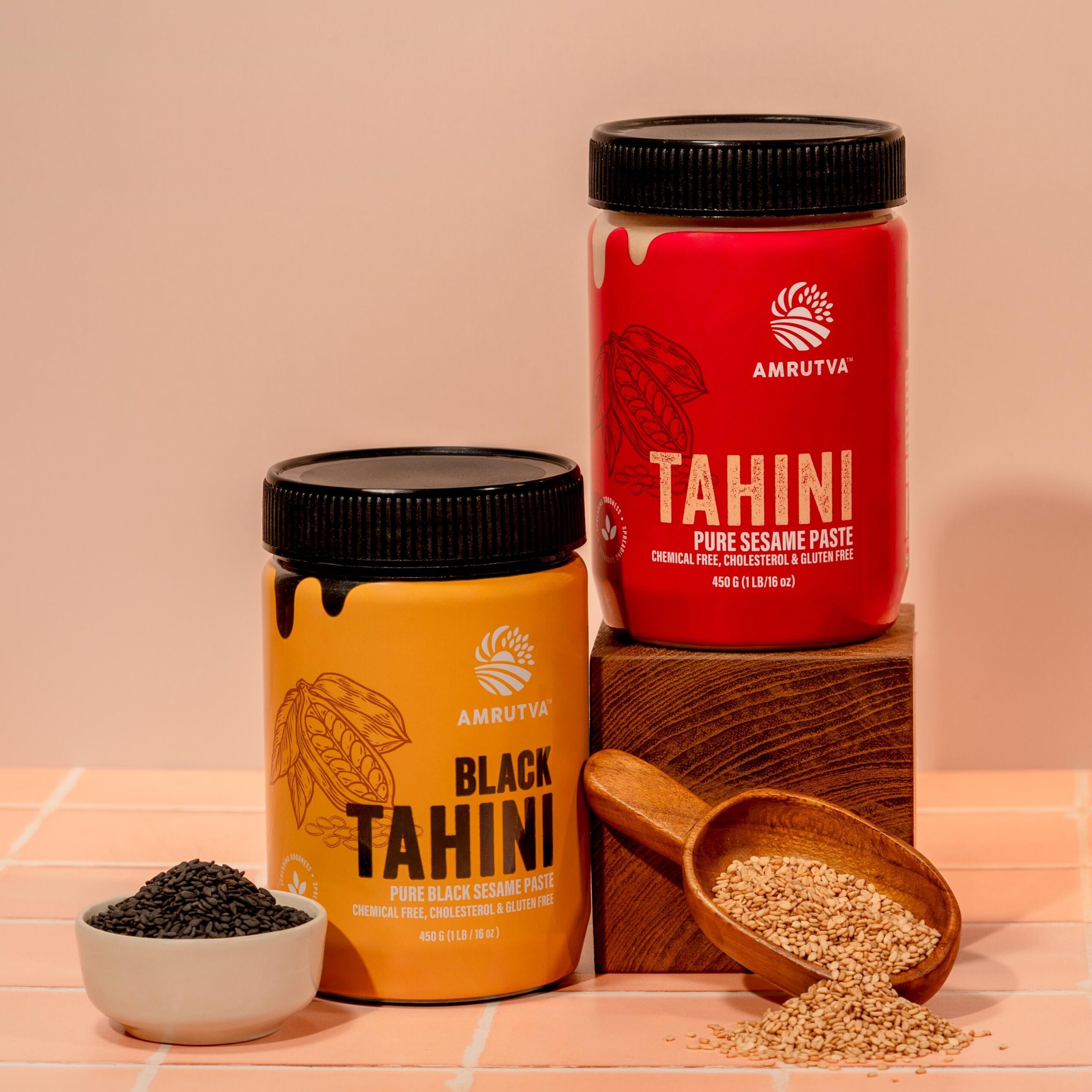 Amrutva Tahini Combo: White and black tahini paste made from stone-ground sesame seeds.