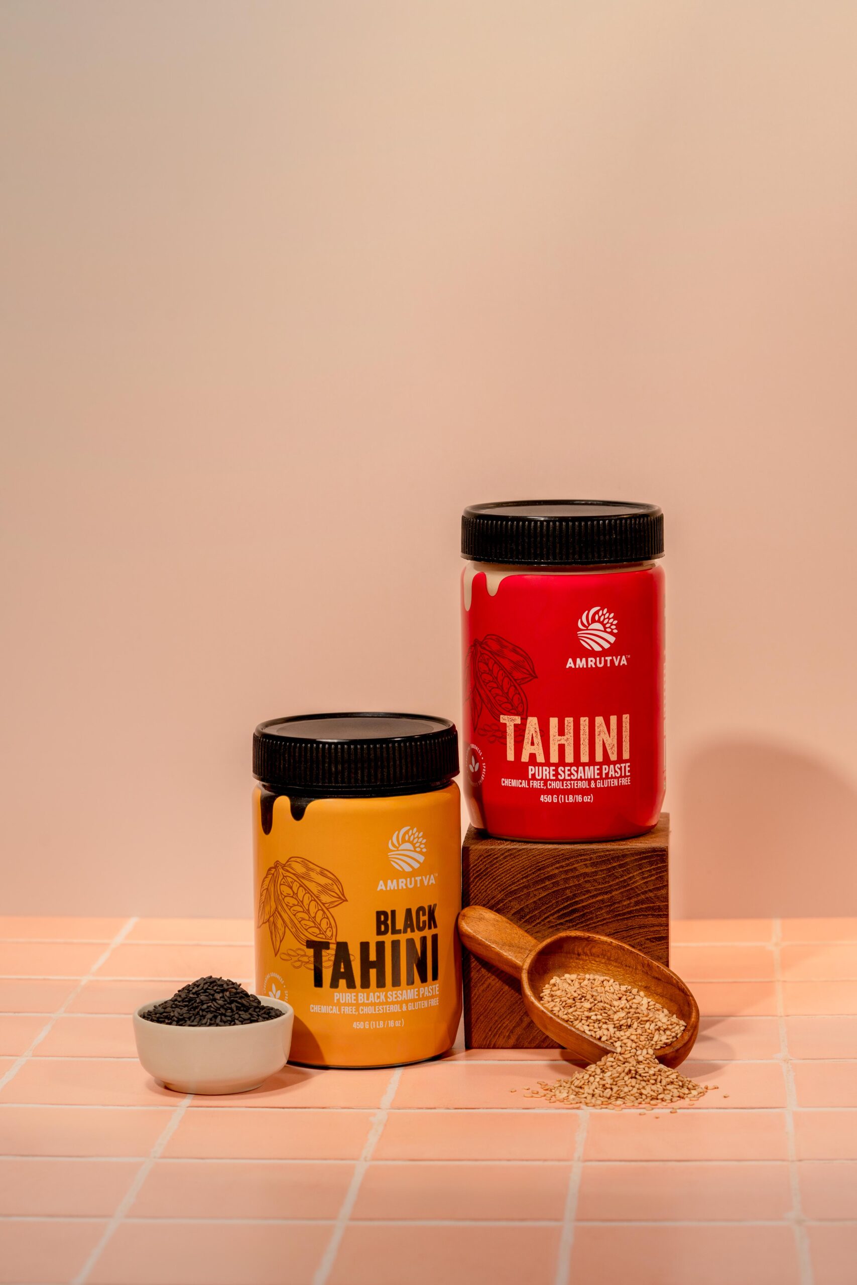 Amrutva Tahini Combo: White and black tahini paste made from stone-ground sesame seeds.