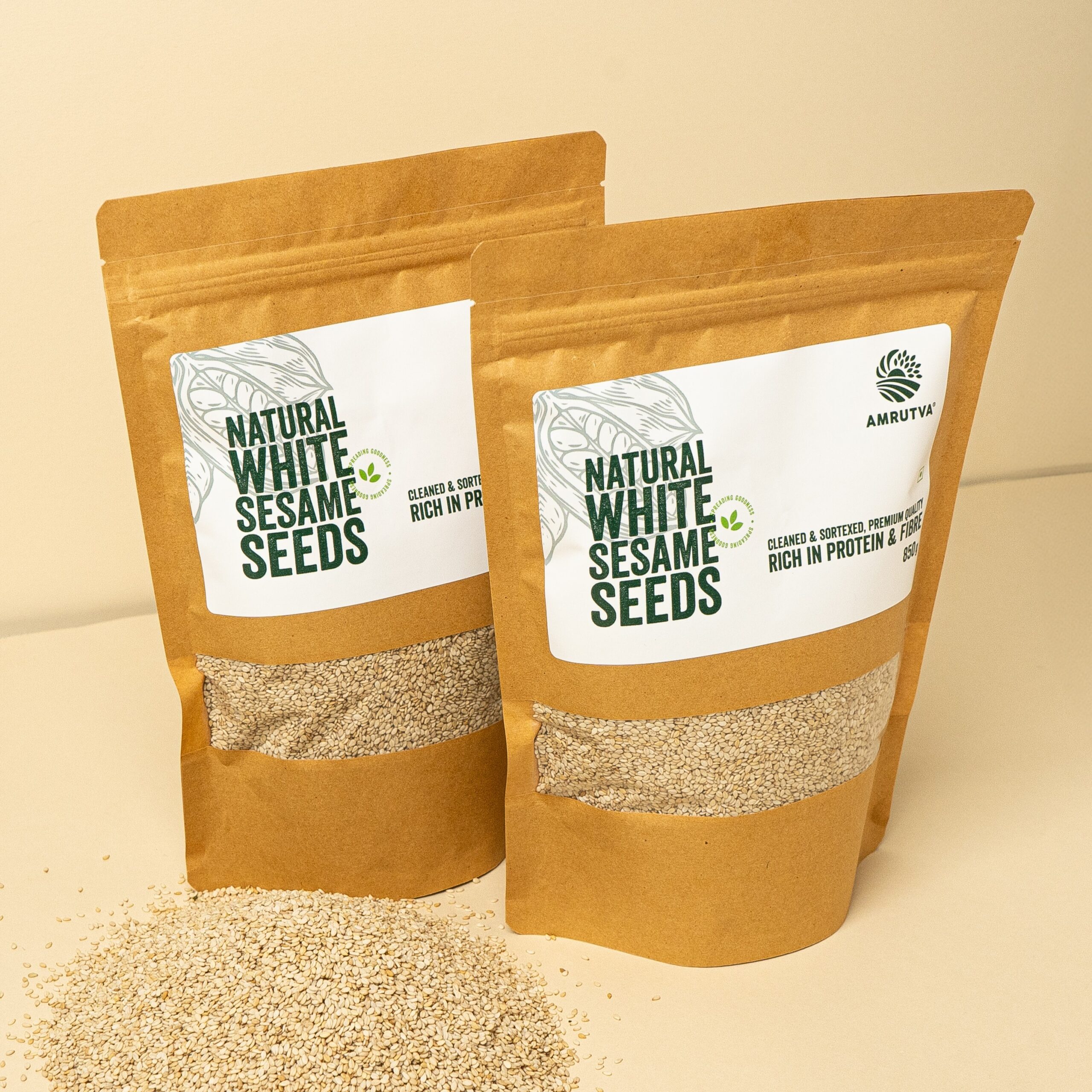 Premium quality natural white sesame seeds in a bowl and package.