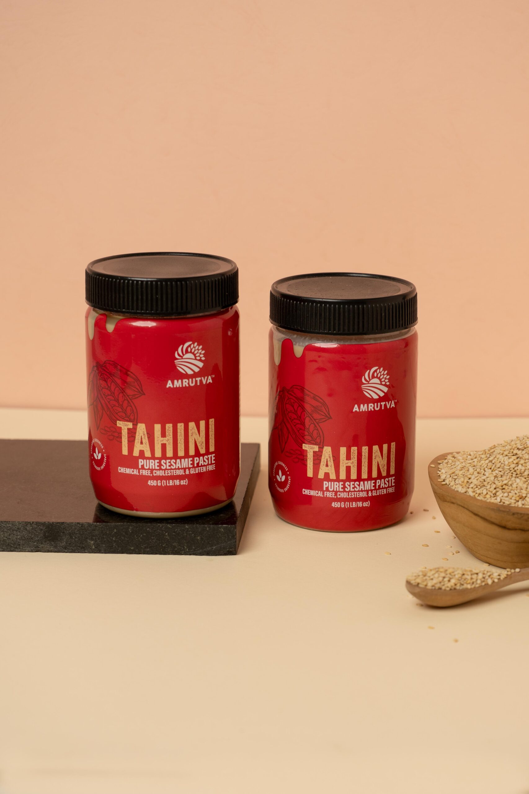 Creamy Amrutva White Tahini made with premium quality sesame seeds. This white tahini is perfect for hummus; dips; and more. 100% natural; pure; and stone-ground for a smooth; nutty flavor.